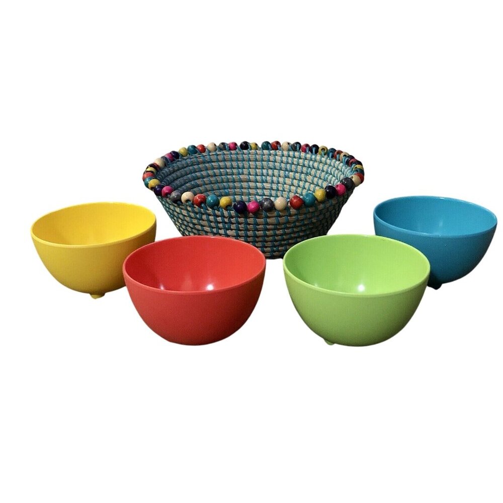 Colorful Woven Chips & Salsa Basket Set w/ Novogratz Melamine Bowls Used - Picture 2 of 16